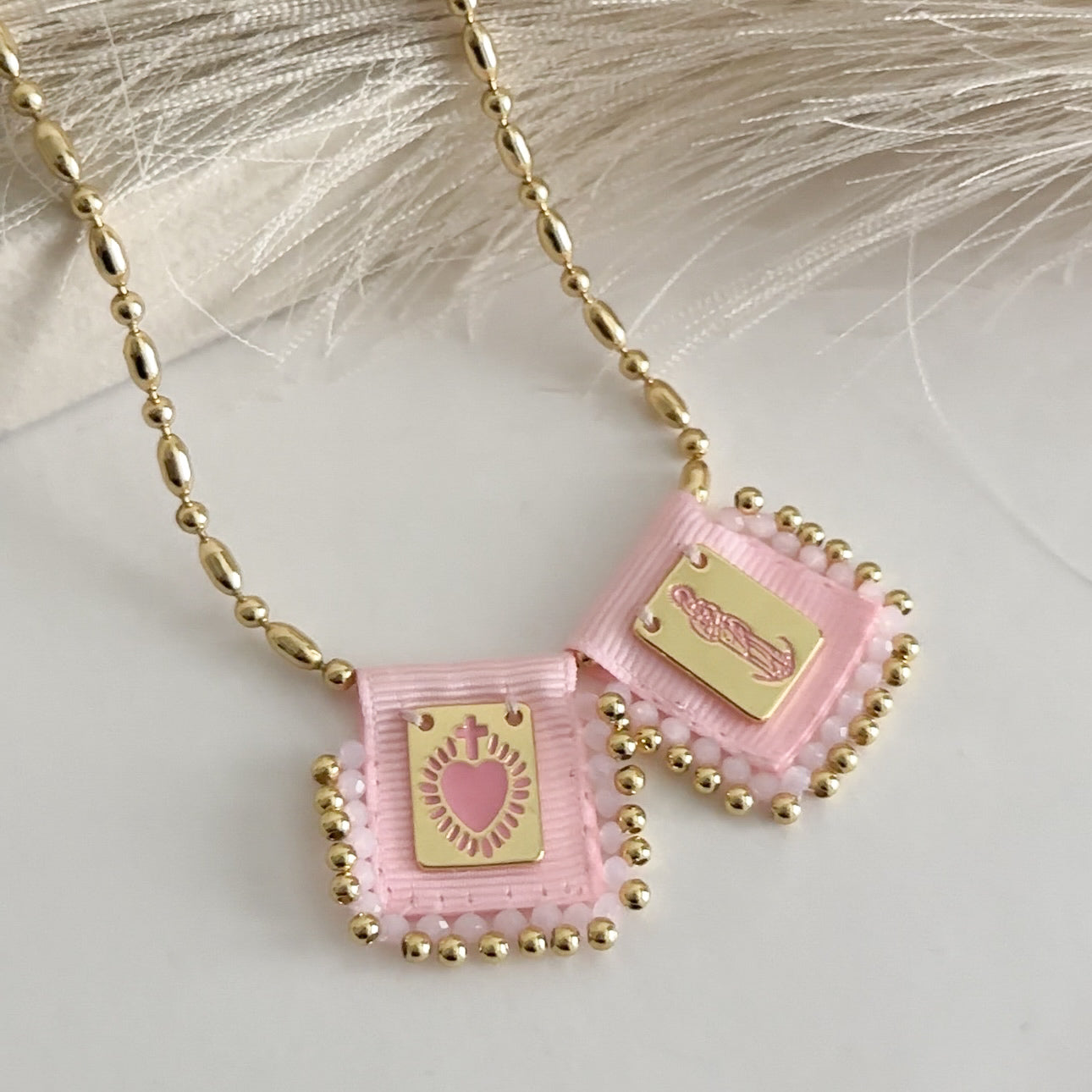 Virgen de la Chinita Scapular Necklace (Baby Pink)